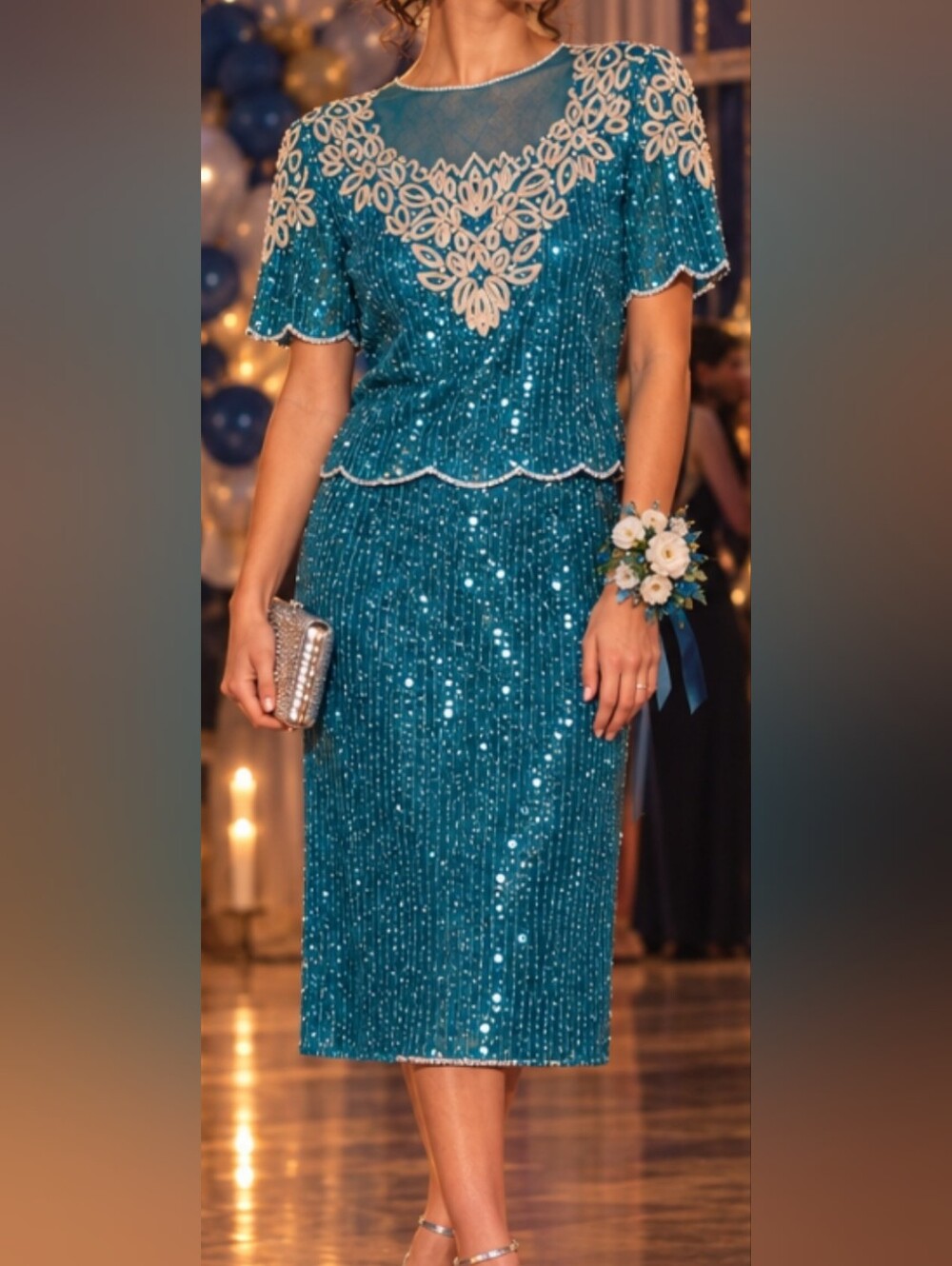 Vintage 80s Teal Sequin Lace-Accent Midi Skirt Key Hole Top Halloween Class Reun